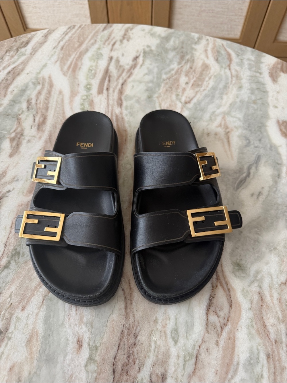 Fendi Feel Dual Strap Leather Slides with Gold Buckles
